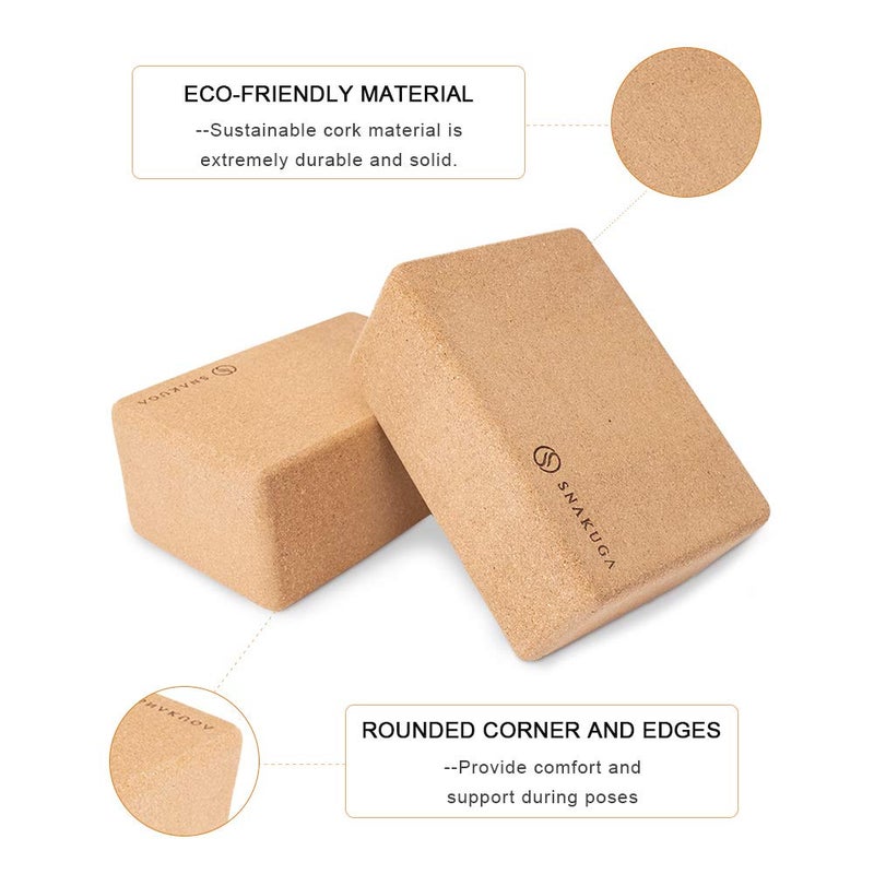 SNAKUGA Cork Yoga Block 2 Pack for Pilates, 9"x6"x4" Non-Slip & High Density Blocks for Meditation, Fitness and Stretching, Supportive and Flexibility Brick for Improve Poses Balance - Image 2